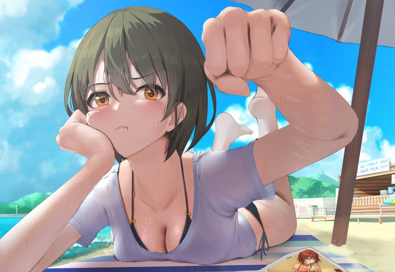 aketa_mikoto, beach, bikini, breasts, brown_eyes, cleavage, clouds, idolmaster, idolmaster_shiny_colors, ma_azi, nanakusa_nichika, short_hair, sky, swimsuit, water