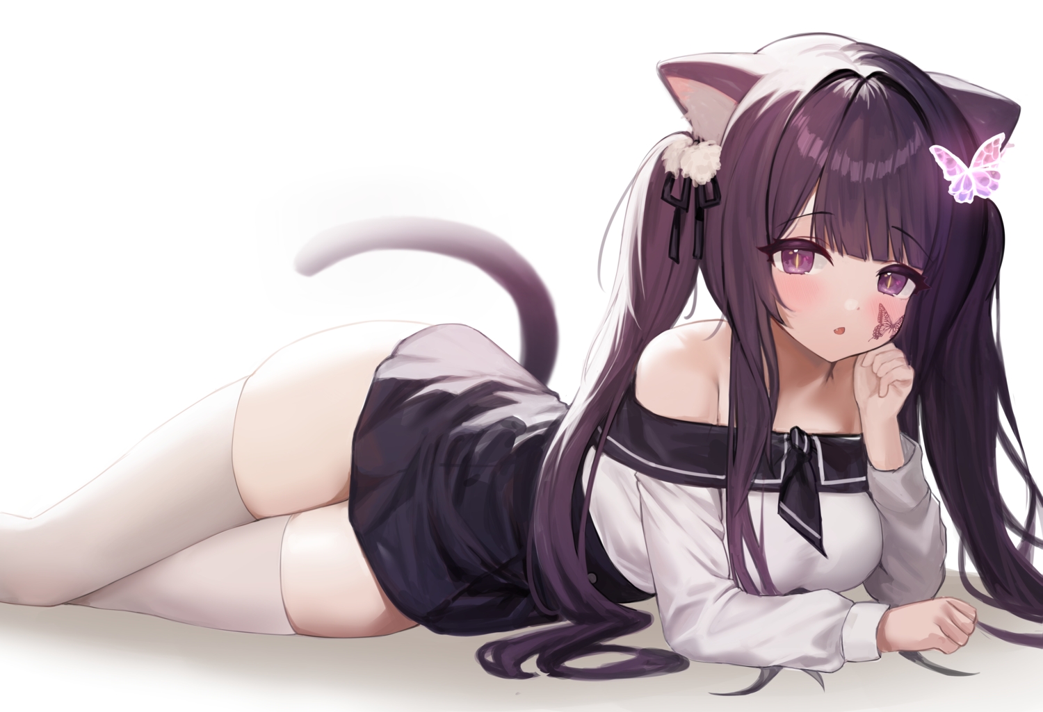 72_chiri, animal_ears, blush, catgirl, fang, original, purple_eyes, purple_hair, tail, tattoo, thighhighs, twintails, zettai_ryouiki