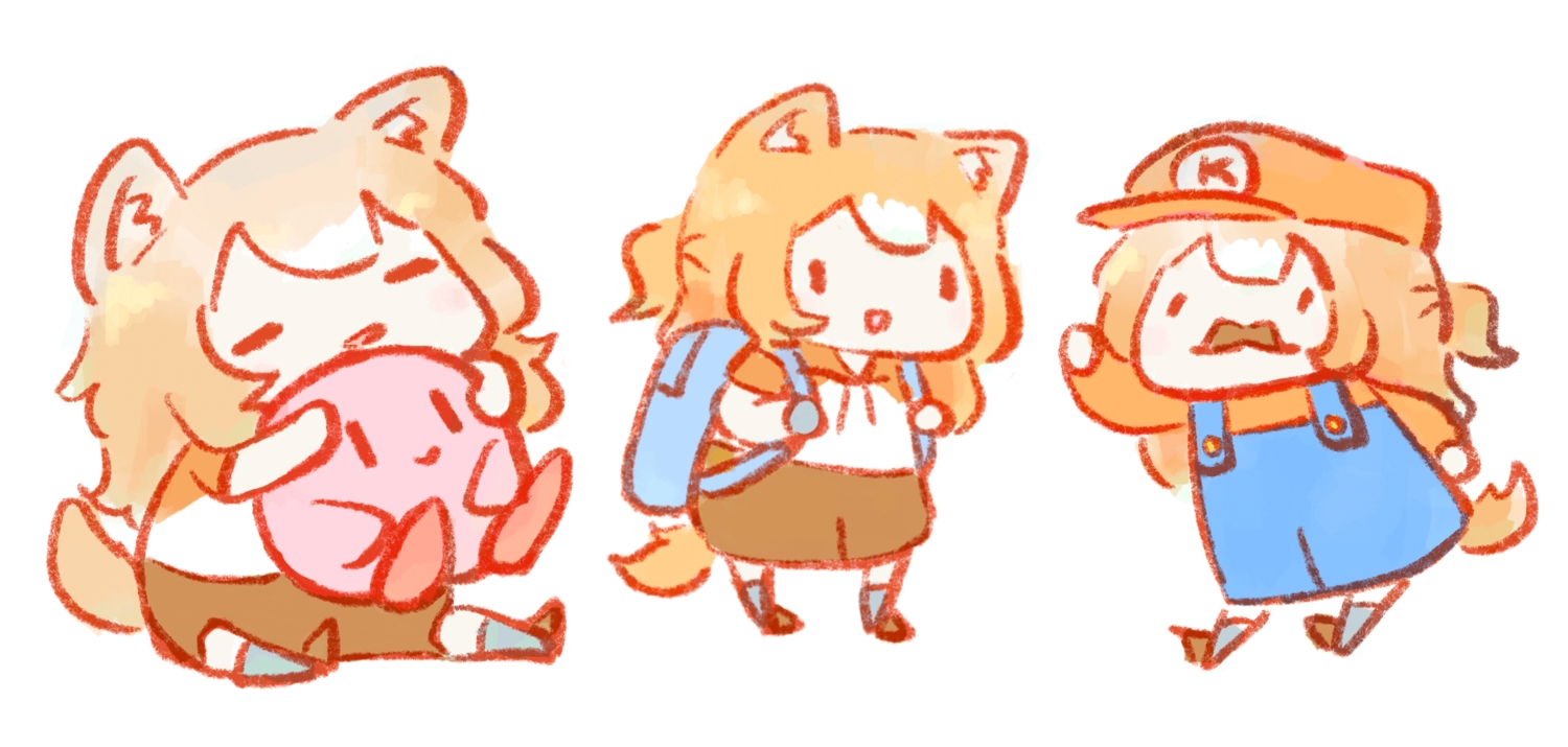 animal_ears, blonde_hair, chibi, cosplay, doggirl, hug, indie_virtual_youtuber, kirby, kirby_(character), kneehighs, koragi_(vtuber), nintendo, ponytail, short_hair, shorts, sketch, socks, super_mario, super_mario_bros, tail, walfie, white