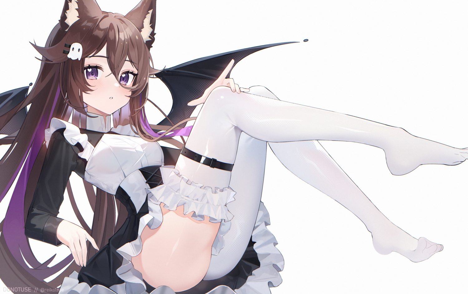 animal_ears, blush, brown_hair, foxgirl, garter, goth-loli, lolita_fashion, long_hair, nubchann, purple_eyes, reiko_lape, thighhighs, watermark, white, wings