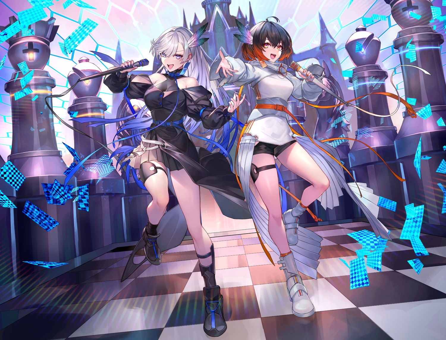 2girls, aliasing, black_hair, boots, dress, feathers, garter, gray_hair