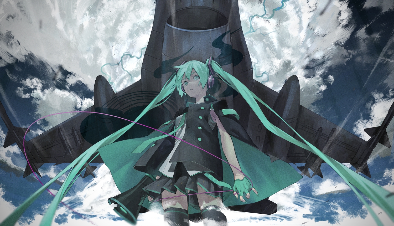 aircraft, cape, clouds, gloves, green_eyes, green_hair, hatsune_miku, kento_matsuura