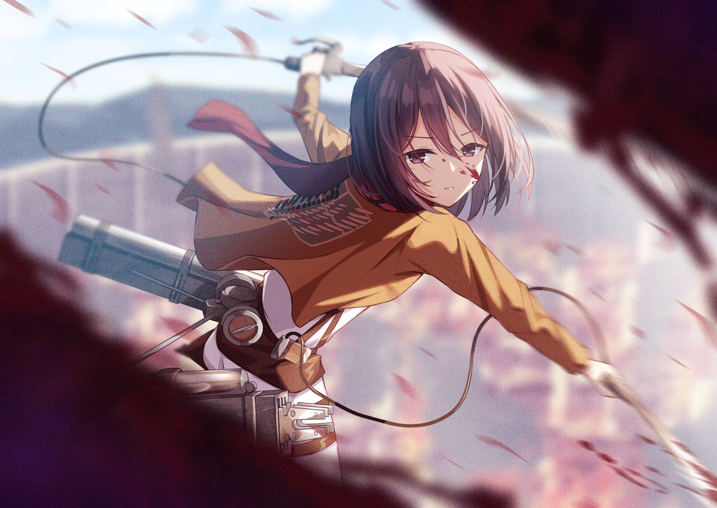 blood, brown_hair, kugatsu_tooka, mikasa_ackerman, purple_eyes, scarf, shingeki_no_kyojin, short_hair