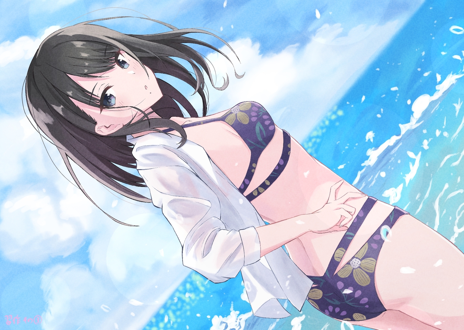 aliasing, ass, bikini, black_hair, blue_eyes, clouds, idolmaster, idolmaster_shiny_colors, kazano_hiori, long_hair, open_shirt, sky, swimsuit, toretate_saburou, water