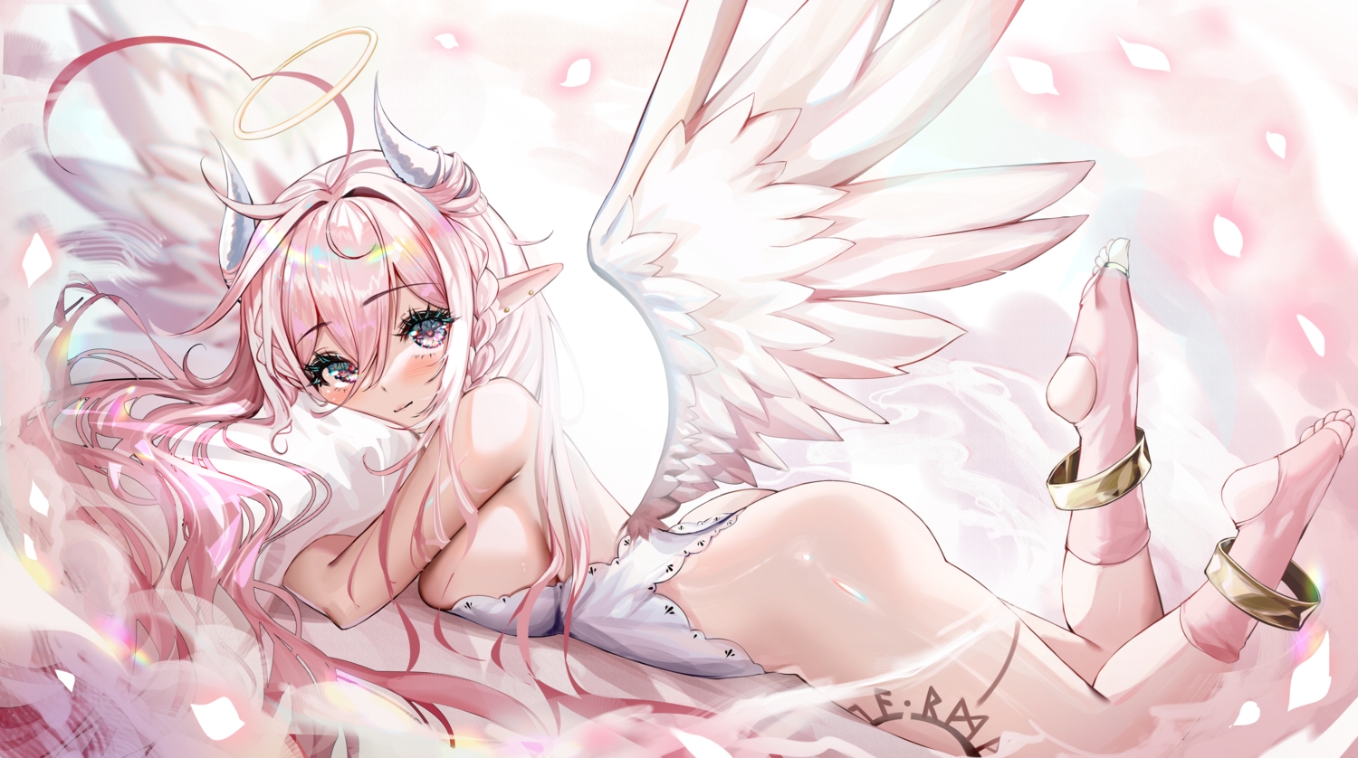 angel, ass, braids, halo, horns, indie_virtual_youtuber, leotard, long_hair, pink_hair, pointed_ears, rosebell, rosebell_(vtuber), wings