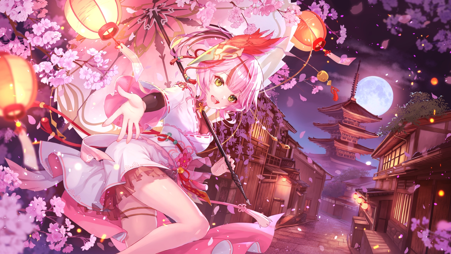building, cherry_blossoms, flowers, green_eyes, lan_(tower_of_fantasy), night, nyansan_oekaki, pink_hair, sky, tower_of_fantasy, umbrella