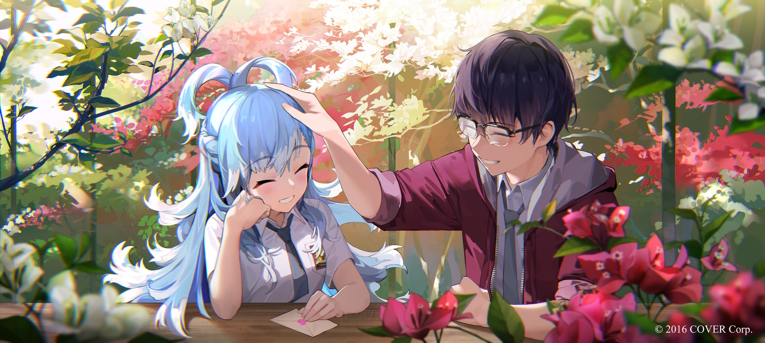 aqua_hair, biittertaste, blush, close, glasses, hololive, hood, kobo_kanaeru, leaves, long_hair, male, school_uniform, short_hair, tie