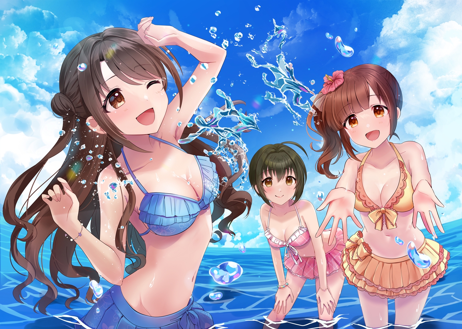bikini, breasts, brown_eyes, brown_hair, cleavage, clouds, idolmaster, idolmaster_cinderella_girls