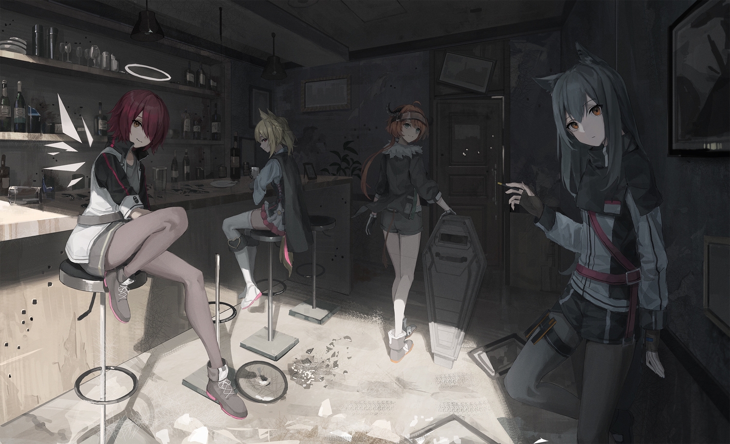 animal_ears, arknights, cigarette, croissant_(arknights), dark, drink, exusiai_(arknights), halo