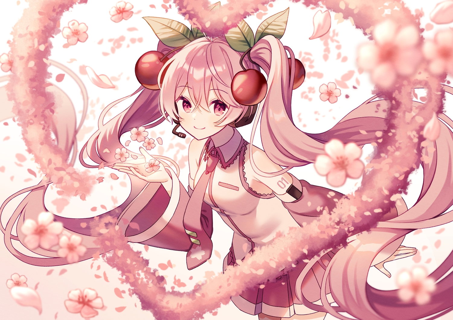 amagi_hana, cherry, cherry_blossoms, flowers, food, fruit, hatsune_miku, headphones