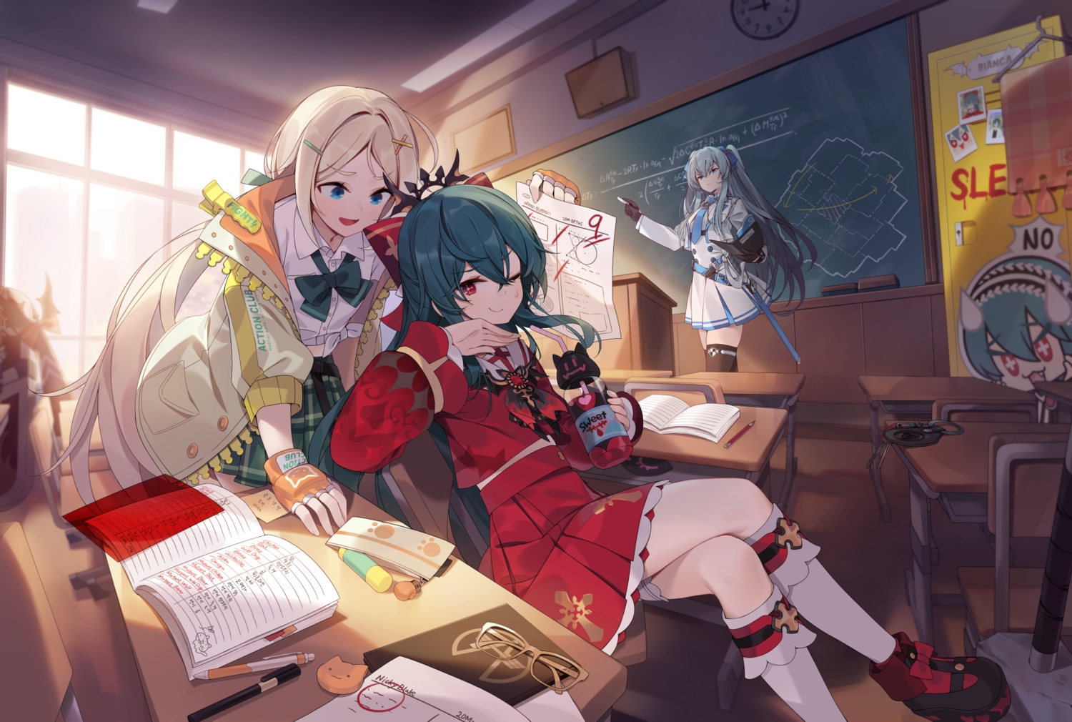 aliasing, aqua_eyes, bianca_(black_survival), black_survival, blonde_hair, book, bow, drink