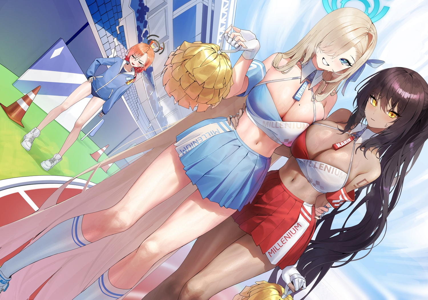 blue_archive, blue_eyes, cheerleader, dark_skin, gray_hair, halo, hug, ichinose_asuna, kakudate_karin, kneehighs, long_hair, mikamo_neru, navel, no_bra, ponytail, purple_hair, sbgu, yellow_eyes