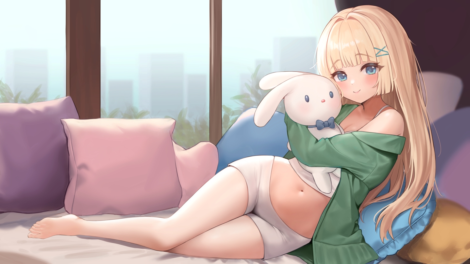 72_chiri, barefoot, blonde_hair, blue_eyes, blush, building, bunny, city, long_hair, navel, original, shorts, sky