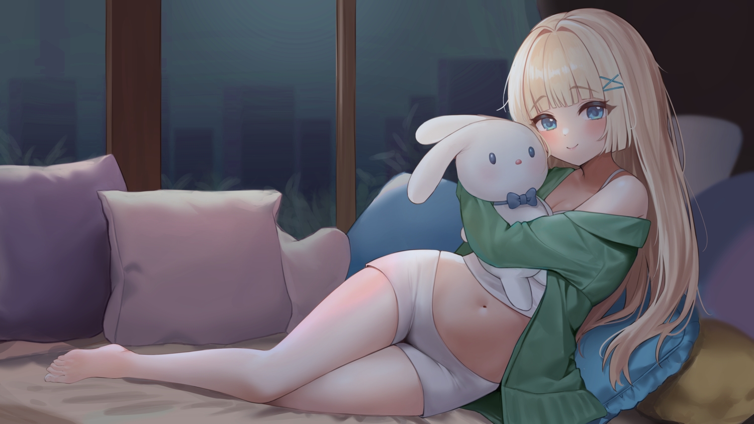 72_chiri, barefoot, blonde_hair, blue_eyes, blush, building, bunny, city