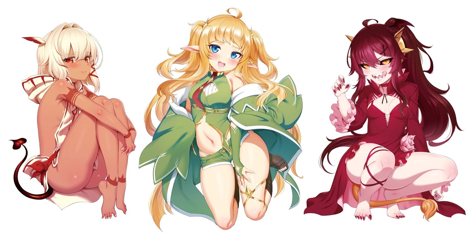 atelier_tanaka, barefoot, blonde_hair, blue_eyes, blush, choker, christina_(atelier_tanaka), dark_skin, dress, edita_(atelier_tanaka), elbow_gloves, feathers, garter, gloves, hood, long_hair, m-da_s-tarou, navel, no_bra, pointed_ears, ponytail, red_eyes, red_hair, rocoroco, short_hair, shorts, sideboob, skintight, tail, tattoo, twintails, white, white_hair, yellow_eyes