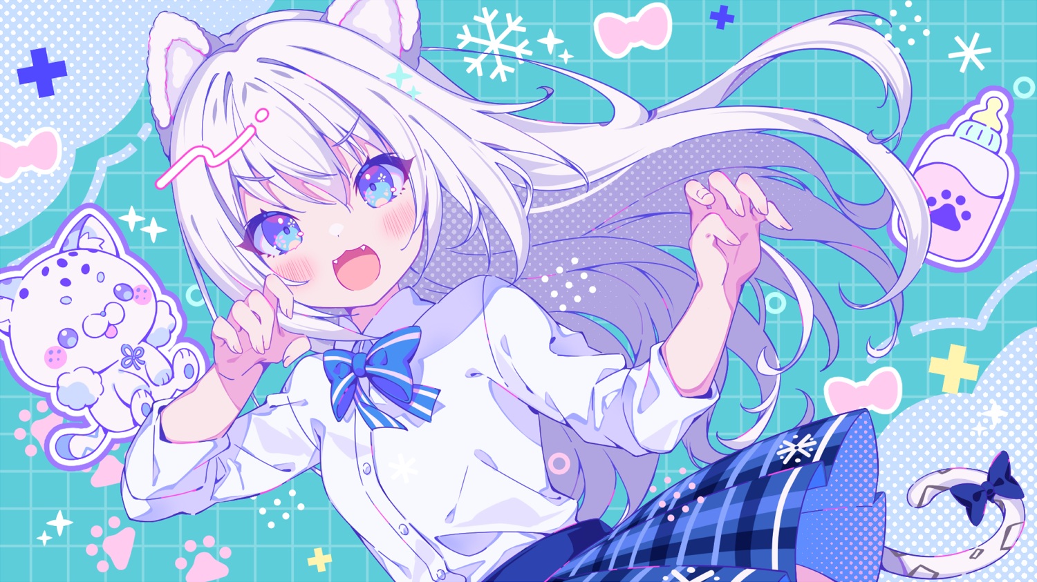 animal_ears, aqua_eyes, blush, bow, catgirl, cat_smile, fang, kohaku_nene