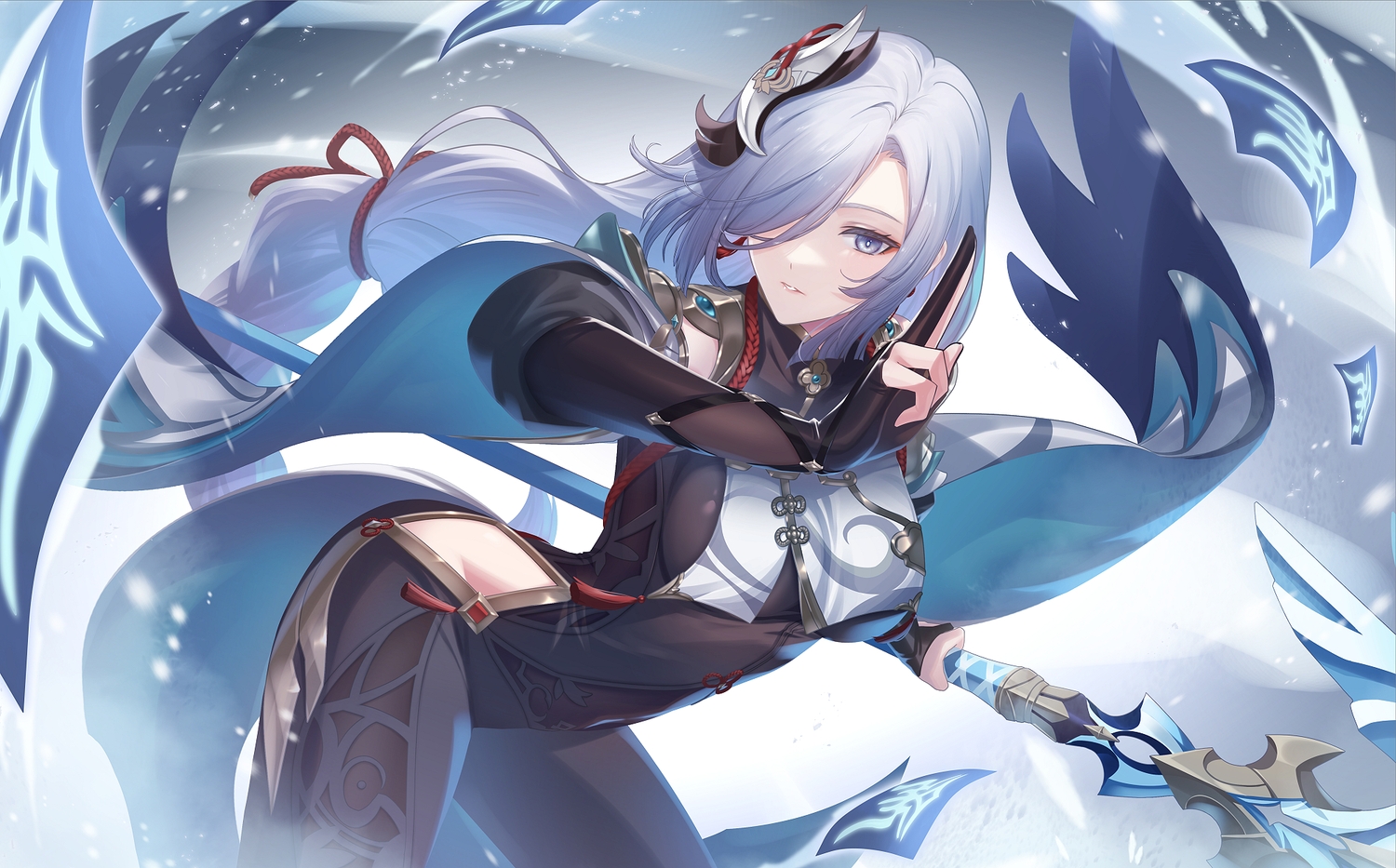 7f4df451, bodysuit, braids, genshin_impact, gray_hair, long_hair, ofuda, ponytail, see_through, shenhe_(genshin_impact), weapon