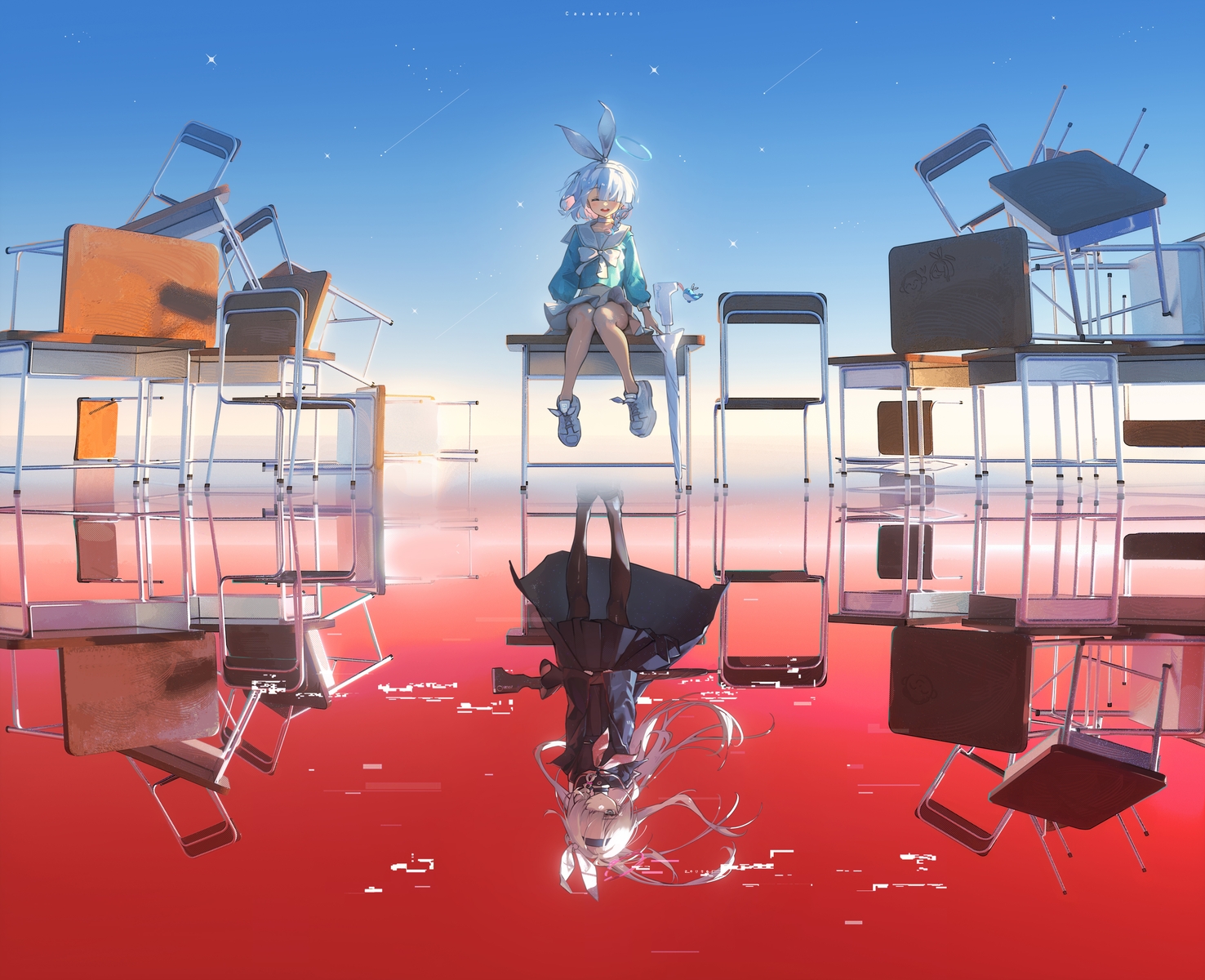 2girls, arona_(blue_archive), blue_archive, bow, caaaaarrot, gray_hair, gun, headband