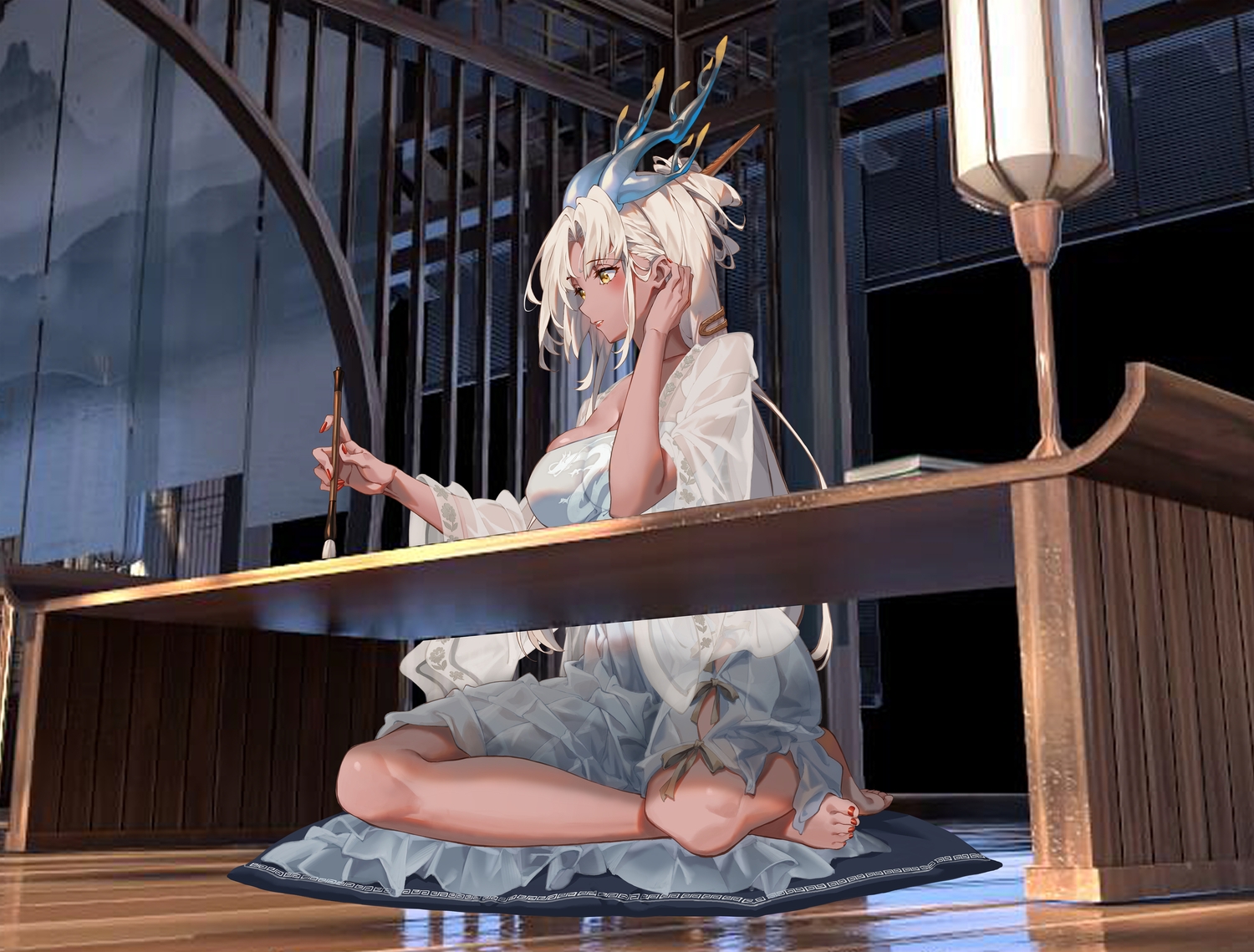 blush, breasts, cheese_kang, chinese_clothes, cleavage, dark_skin, dress, horns