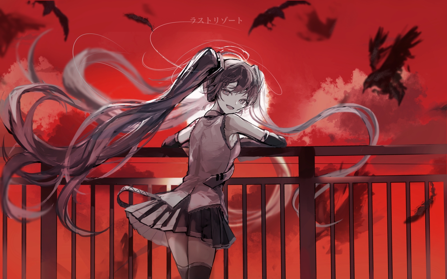 animal, bird, hatsune_miku, headphones, long_hair, pipi, polychromatic, red