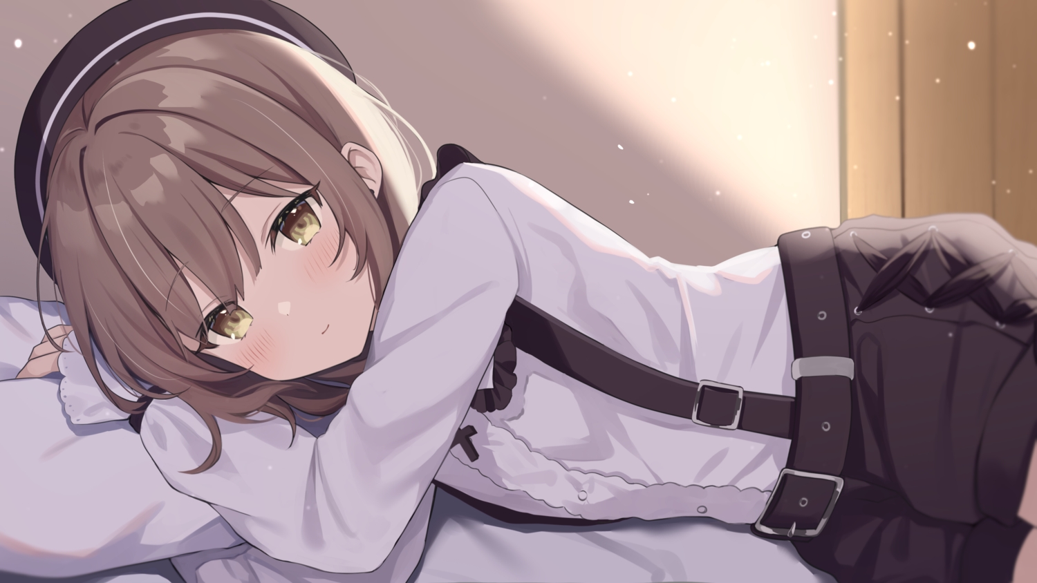 bed, blush, brown_eyes, brown_hair, close, hat, hatoba_tsugu, hatoba_tsugu_(channel)