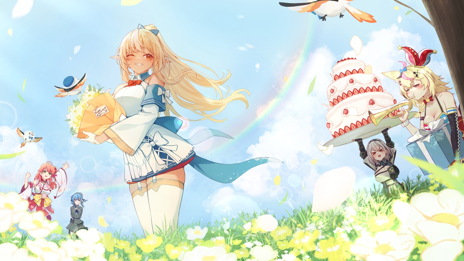 animal, armor, bird, blonde_hair, breasts, cake, cleavage, dark_skin, flowers, food, foxgirl, fruit, gray_hair, green_eyes, group, hololive, hoshimachi_suisei, japanese_clothes, long_hair, miko, omaru_polka, pointed_ears, rainbow, sakura_miko, shiranui_flare, shirogane_noel, sky, stockings, strawberry, tang-du, wink
