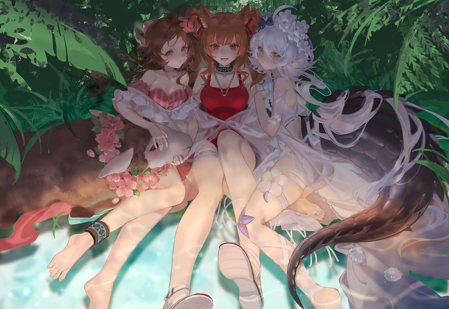 angelina_(arknights), animal, animal_ears, arknights, barefoot, bikini, eyjafjalla_(arknights), foxgirl