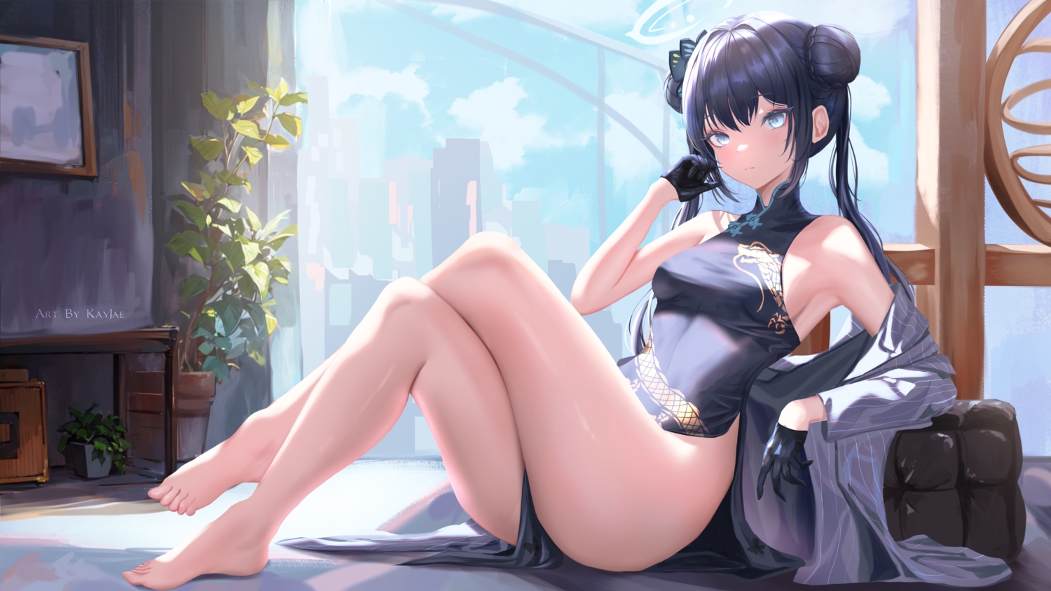 barefoot, black_hair, blue_archive, blue_eyes, chinese_clothes, chinese_dress, dress, gloves