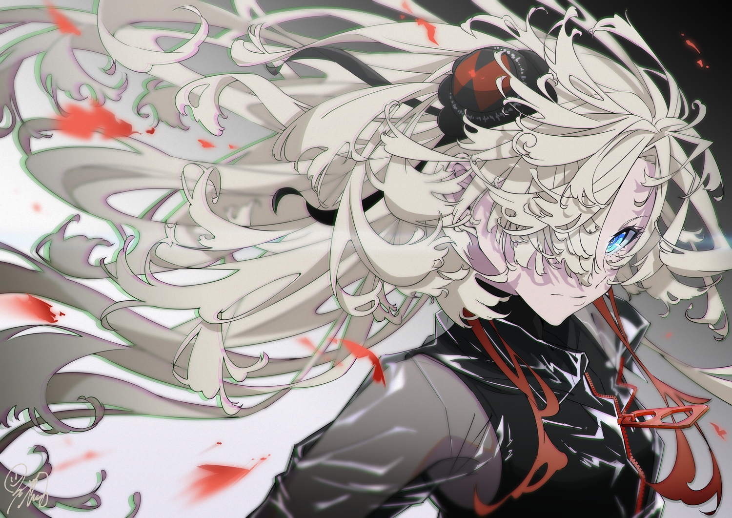 aqua_eyes, blonde_hair, close, isekaijoucho, kamitsubaki_studio, kurokawa_heuy, long_hair, signed