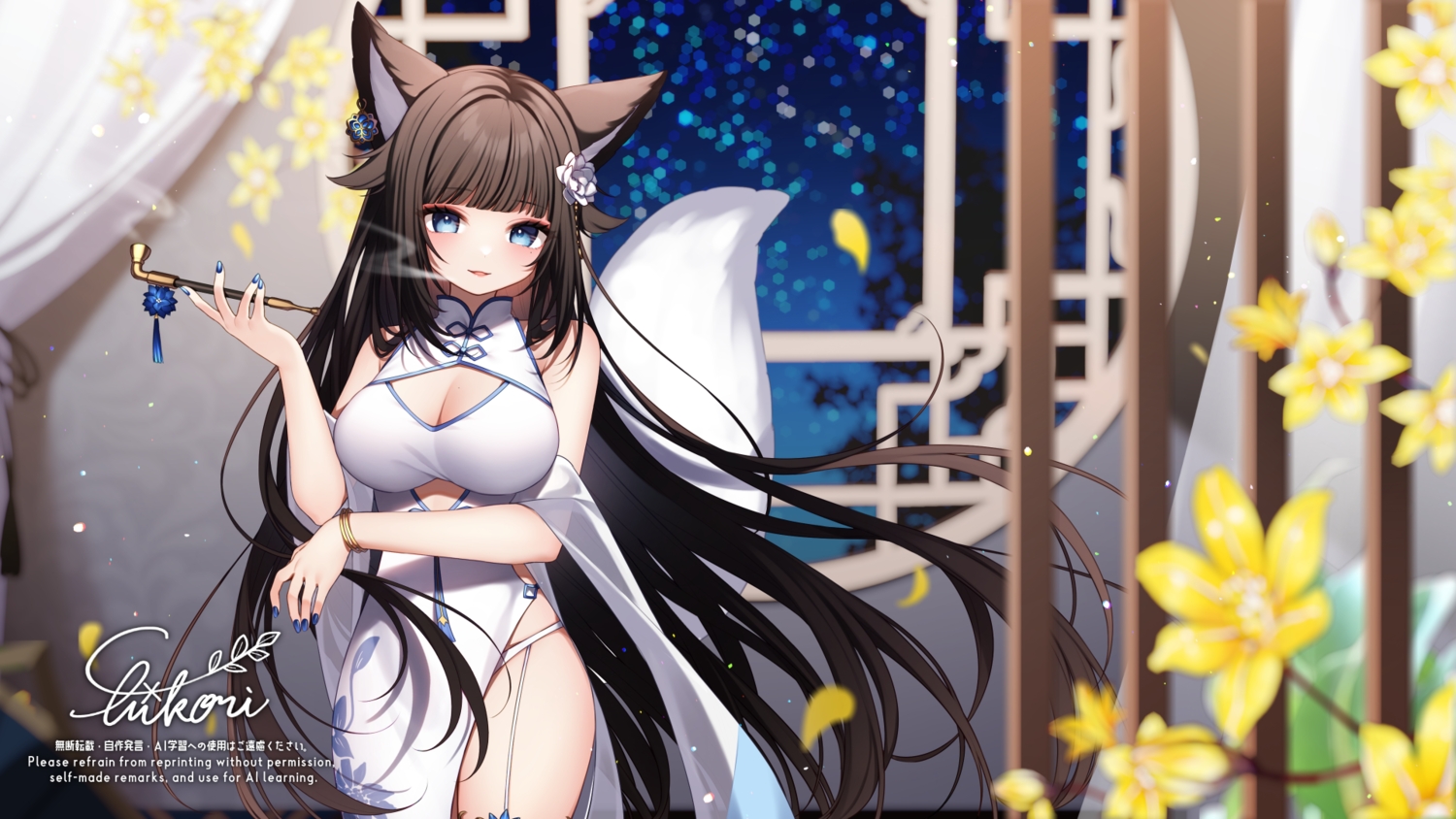 animal_ears, blue_eyes, breast_hold, breasts, brown_hair, chinese_clothes, chinese_dress, cleavage