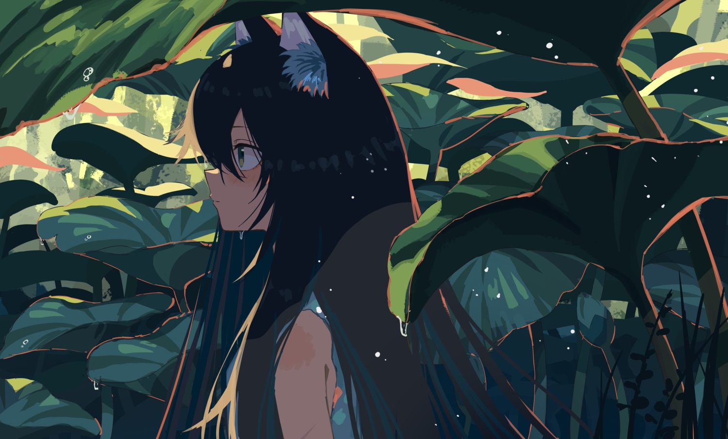animal_ears, blush, brown_hair, catgirl, close, green_eyes, kgt_(pixiv12957613), leaves
