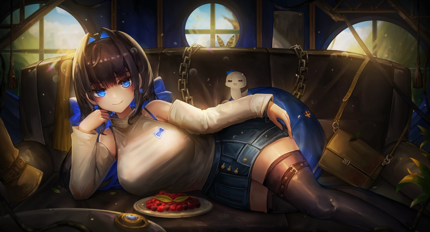 brown_hair, chain, couch, food, fruit, hololive, long_hair, ouro_kronii, thighhighs, zettai_ryouiki, ziteng_yue