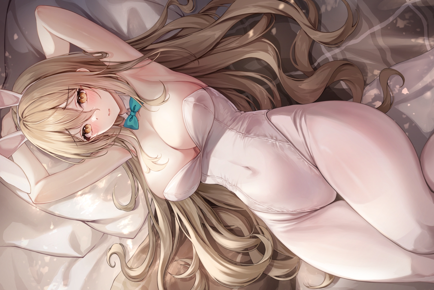 bed, blue_archive, blush, bow, brown_eyes, brown_hair, bunnygirl, headband