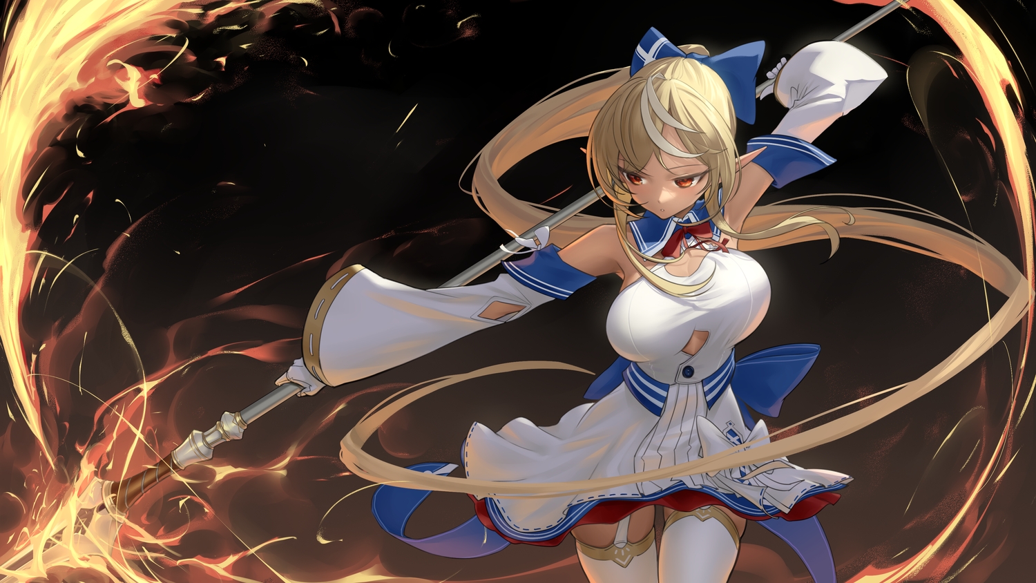 blonde_hair, bow, dark_skin, dress, fire, garter_belt, hololive, long_hair