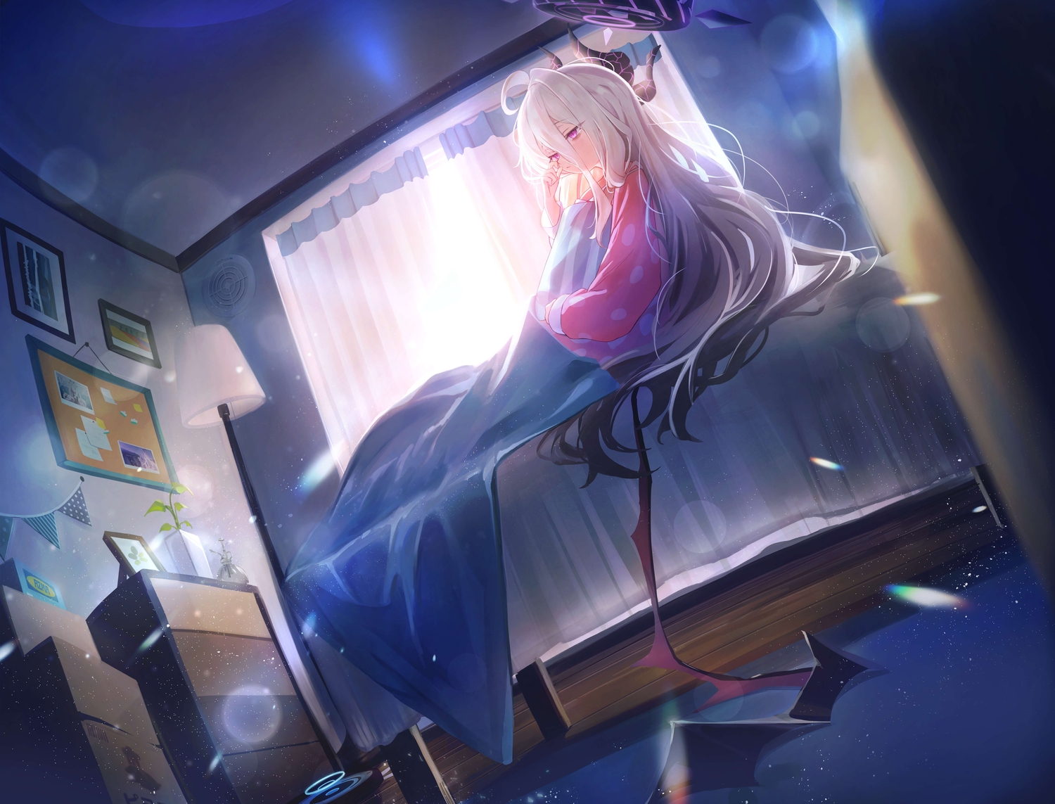 bed, blue_archive, halo, higashigure, horns, long_hair, pajamas, paper