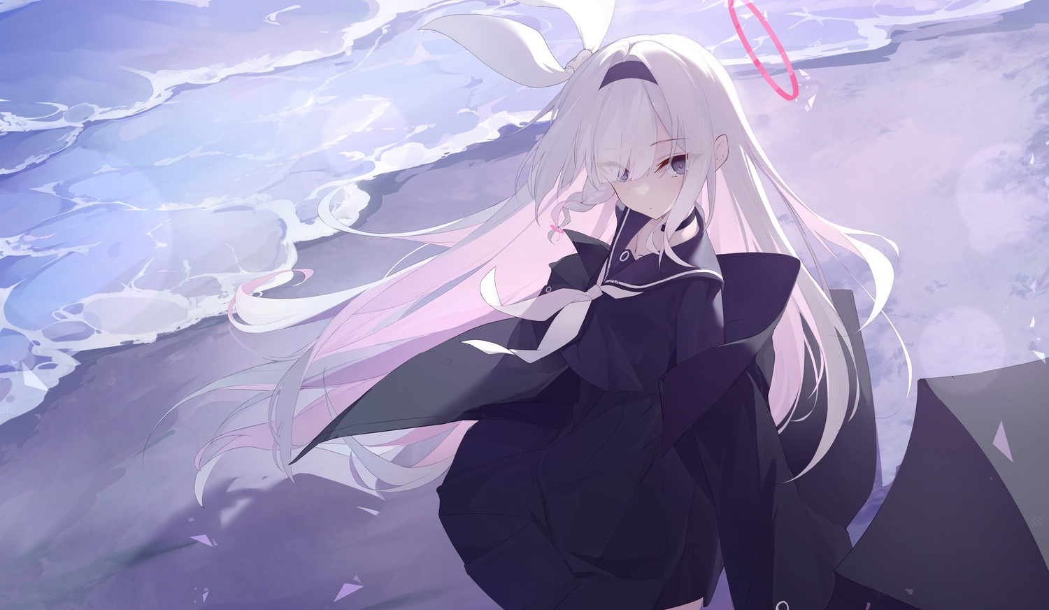 beach, blue_archive, choker, halo, headband, long_hair, plana_(blue_archive), purple_eyes