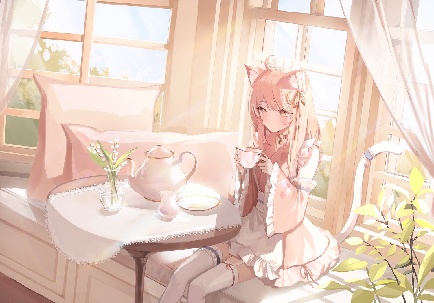 animal_ears, apron, bell, blush, brown_eyes, catgirl, cat_smile, collar, drink, garter_belt, headdress, japanese_clothes, lolita_fashion, maid, munmosshu, pink_hair, ribbons, seorang, stockings, tail