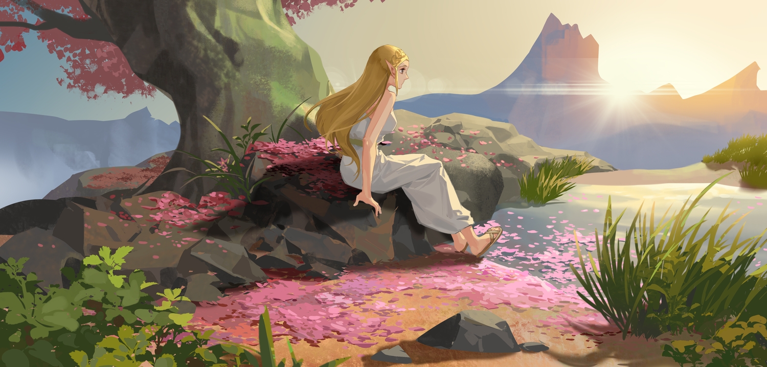 blonde_hair, braids, brown_eyes, dress, flowers, grass, long_hair, petals