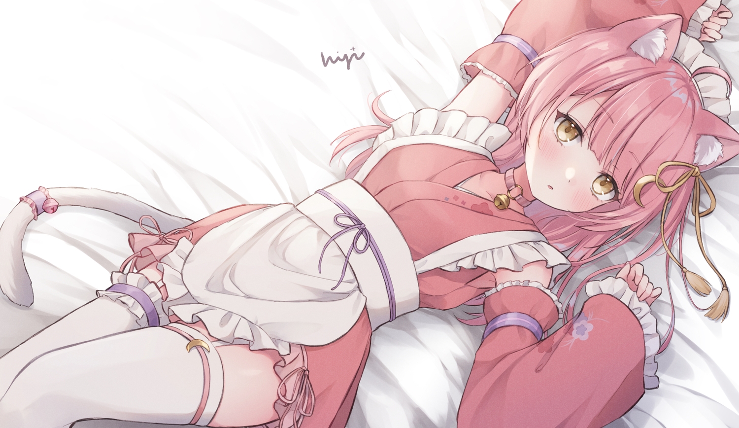 animal_ears, apron, bell, blush, brown_eyes, catgirl, collar, garter_belt, headdress, japanese_clothes, lolita_fashion, long_hair, maid, munmosshu, pink_hair, shano_hiyori, signed, stockings, tail