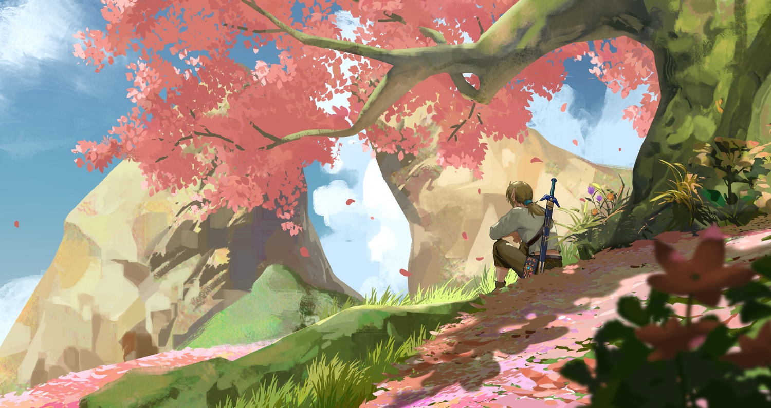 all_male, boots, brown_hair, clouds, computer, flowers, grass, link_(zelda)