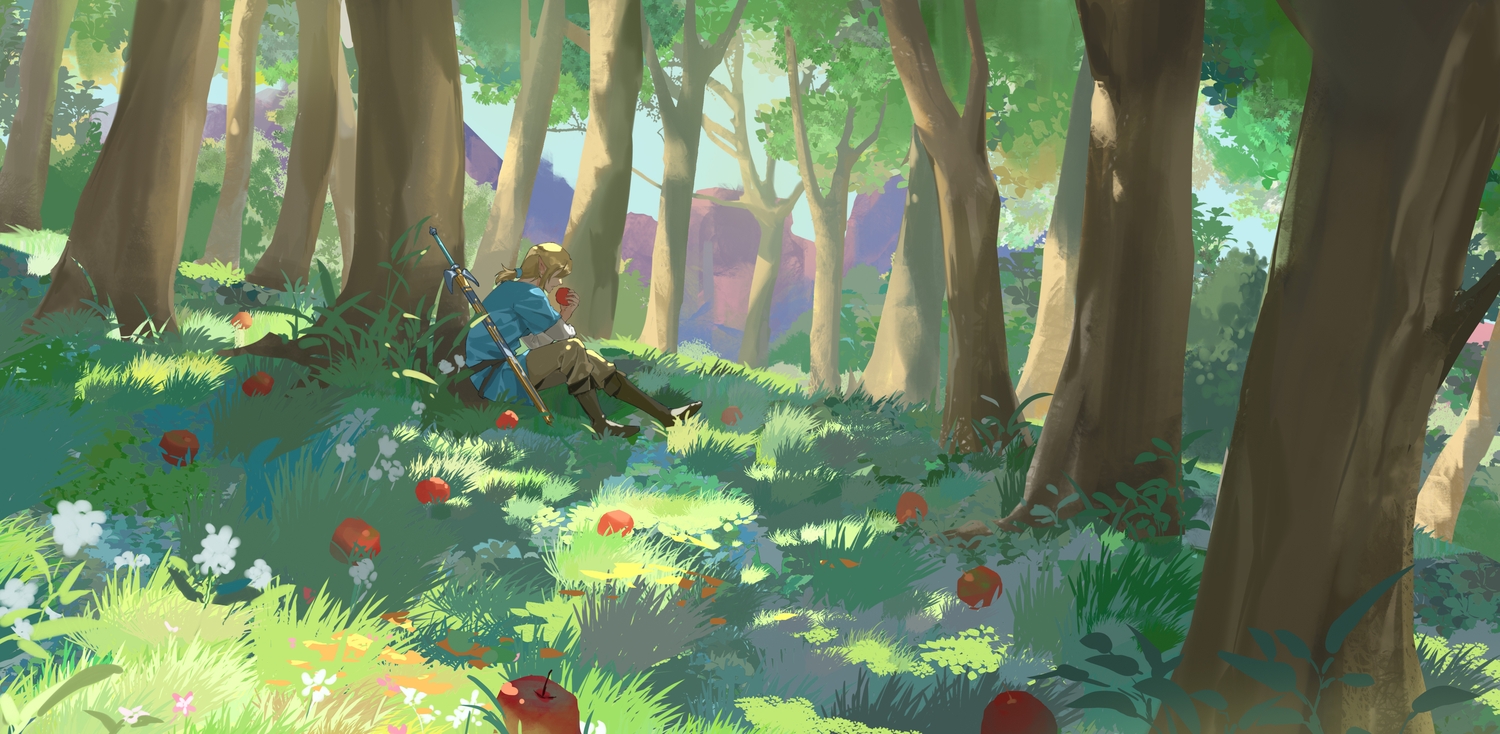 all_male, apple, blonde_hair, boots, flowers, food, forest, fruit