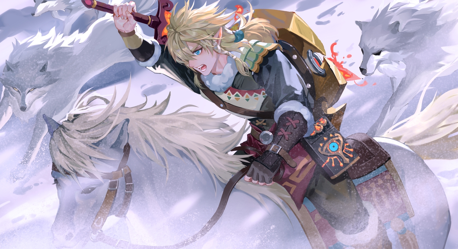 all_male, animal, aqua_eyes, armor, blonde_hair, boots, computer, fire