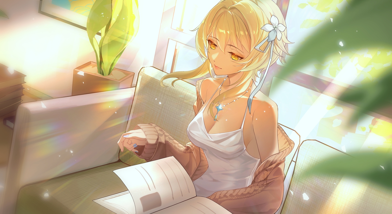 blonde_hair, book, breasts, cleavage, couch, genshin_impact, lumine_(genshin_impact), necklace, no_bra, so_zei_tama_tama, yellow_eyes