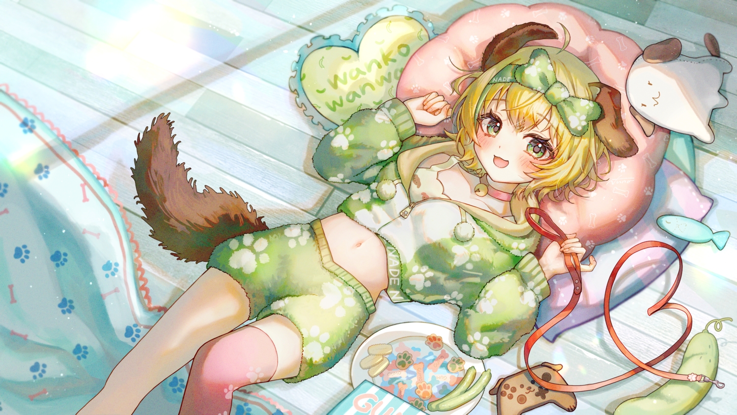 animal_ears, bell, blonde_hair, cat_smile, collar, doggirl, green_eyes, headband