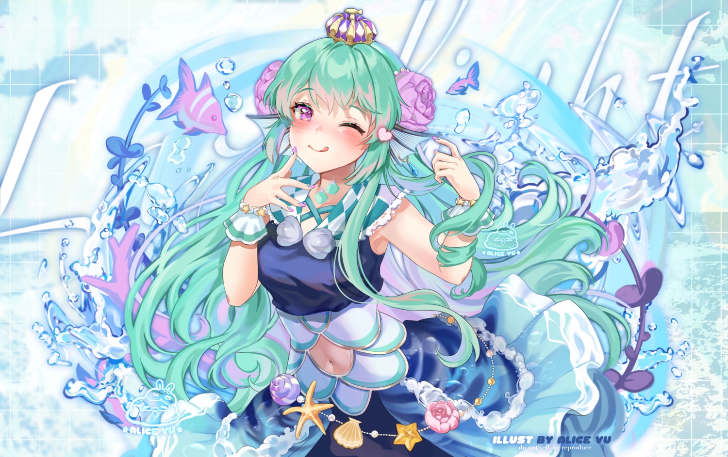 alice_vu, animal, blush, crown, dress, finana_ryugu, fish, green_hair