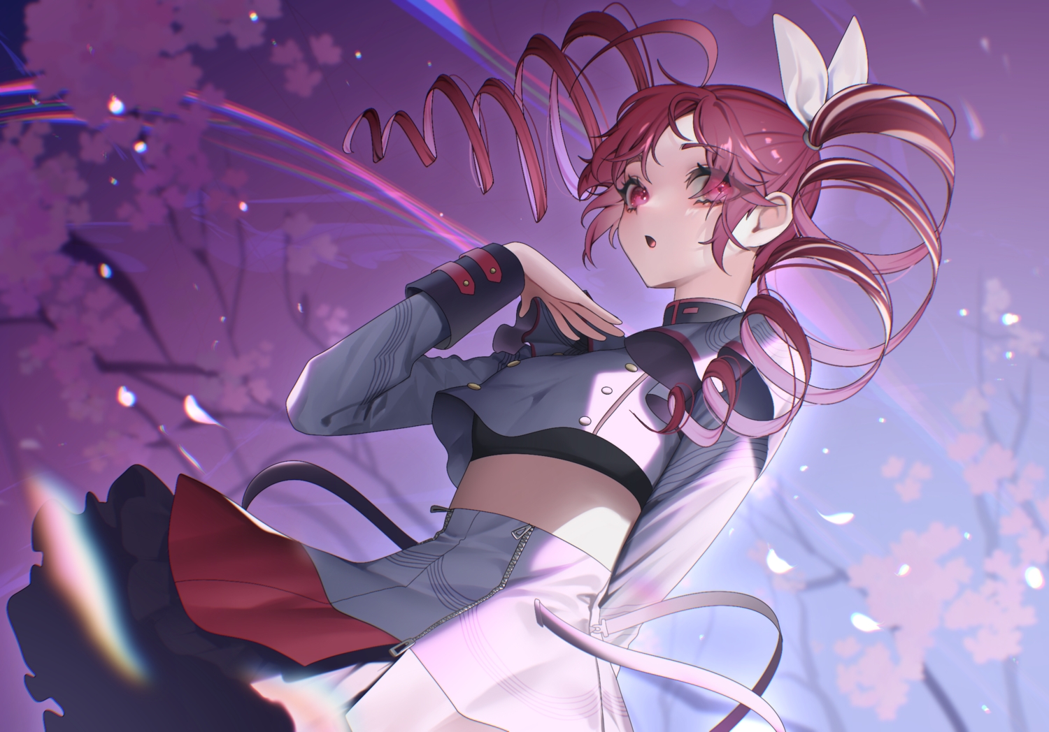 bitaro, bra, cherry_blossoms, flowers, kasane_teto, petals, red_eyes, red_hair, skirt, synthesizer_v, twintails, underwear, uniform, utau