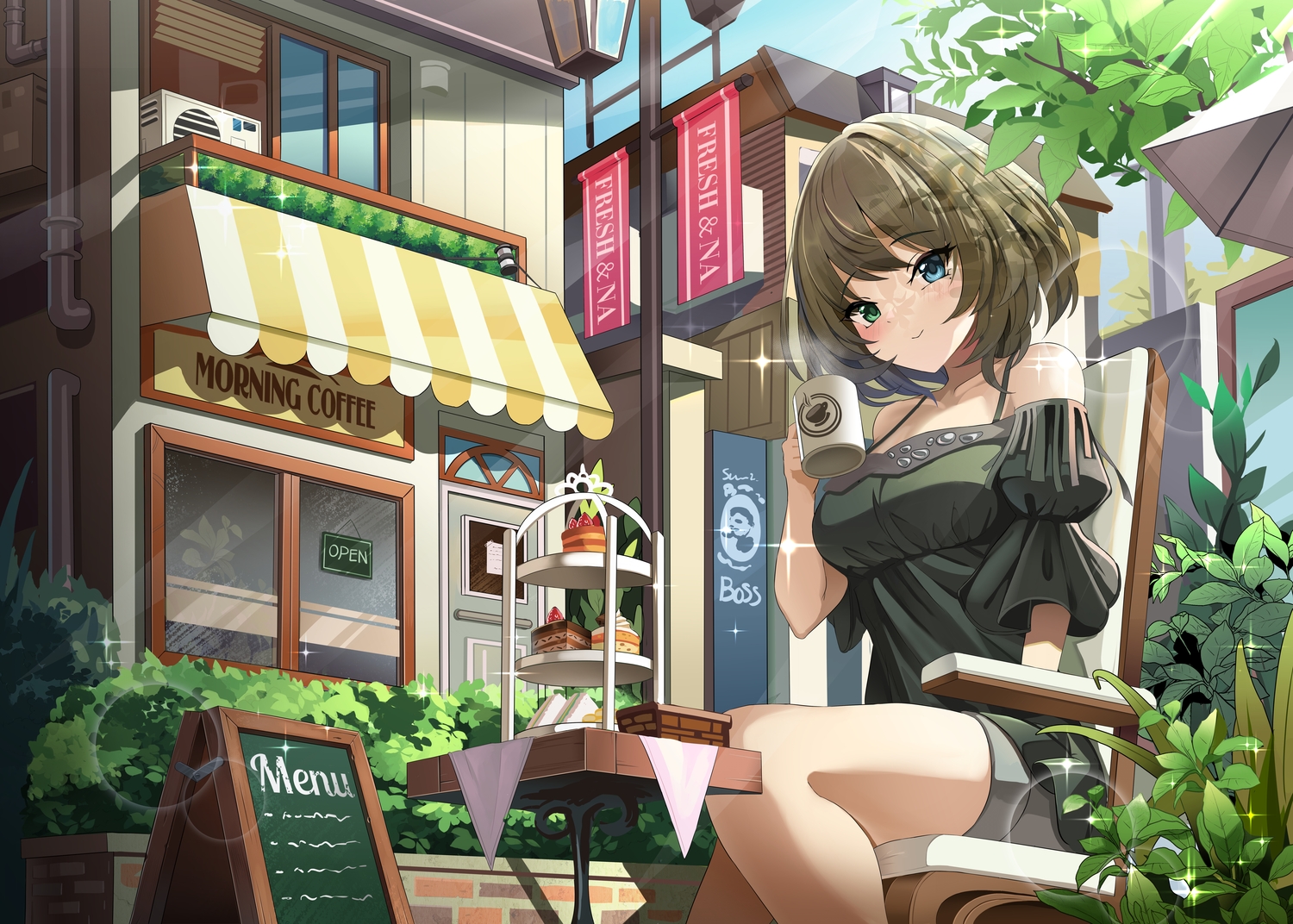 bicolored_eyes, blue_eyes, building, drink, food, green_eyes, idolmaster, idolmaster_cinderella_girls, short_hair, sylph_kim, takagaki_kaede