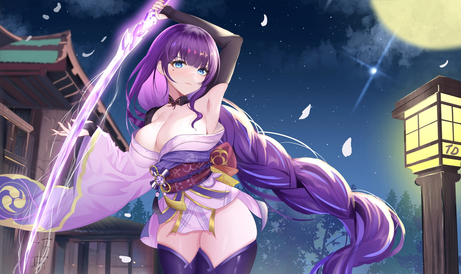 braids, breasts, cleavage, genshin_impact, japanese_clothes, long_hair, magic, moon, nanoda002_(saber427), night, petals, ponytail, purple_eyes, raiden_shogun, sky, stars, sword, thighhighs, weapon