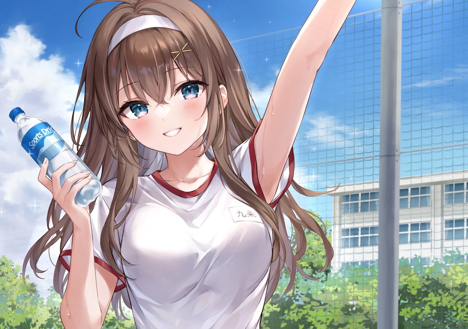 brown_hair, building, chikatetsu_de_bishoujo_o_mamotta_ore_nanorazu_sattara_zenkoku_de_eiyuu_atsukai_saremashita., close, clouds, drink, gym_uniform, headband