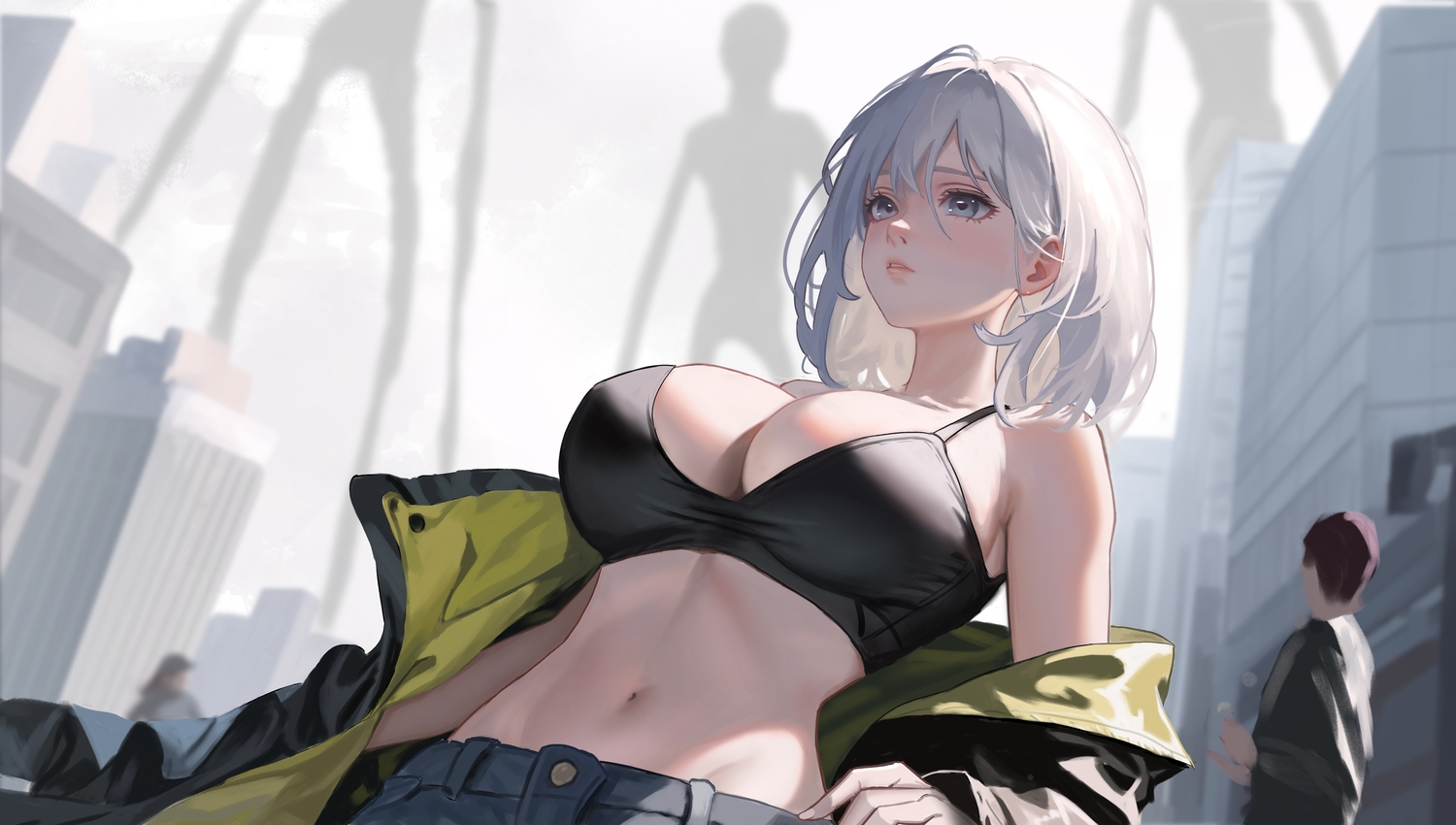 bra, building, city, close, gray_eyes, gray_hair, navel, open_shirt, original, salted_fish_smile, short_hair, underwear